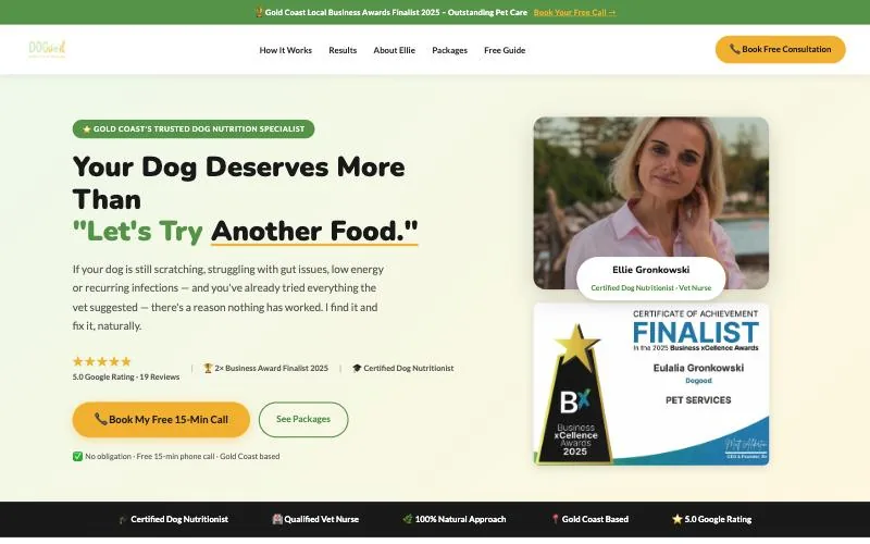 Our redesign: one clear headline, Ellie's photo, the Google rating and a single call to action.